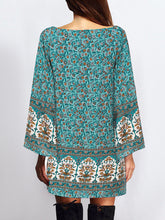 Bohemian Floral Print Crew Neck Bell Long Sleeve Dress
